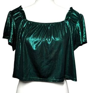 Blue B Collection Metallic Emerald Green Plisse Crop Top M Green Excellent Party